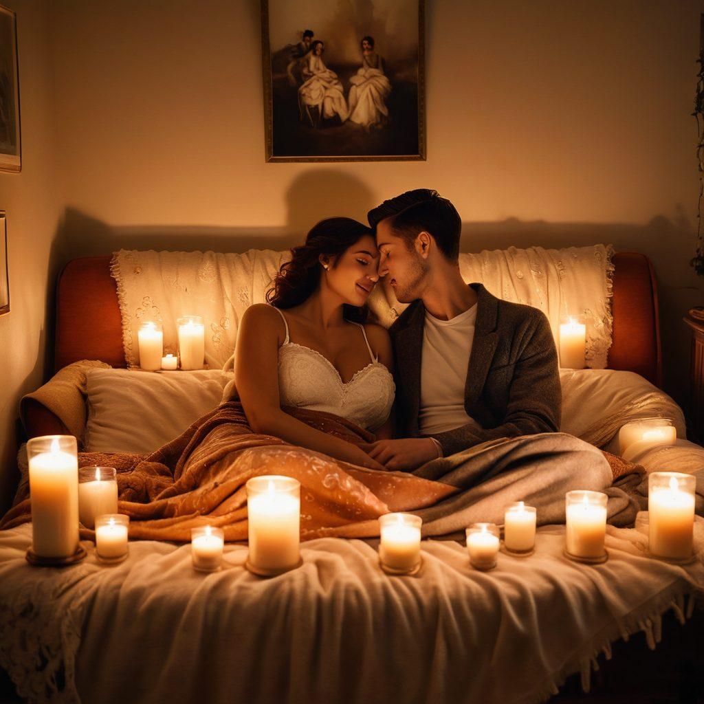 A cozy, softly-lit room with a couple cuddled on a vintage sofa, surrounded by candles casting warm glows. The couple is sharing a heartfelt moment, with a plush blanket draped over them, surrounded by personal mementos that reflect shared memories. Gentle floral elements and subtle heart motifs in the decor to enhance intimacy. super-realistic. warm colors. inviting atmosphere.