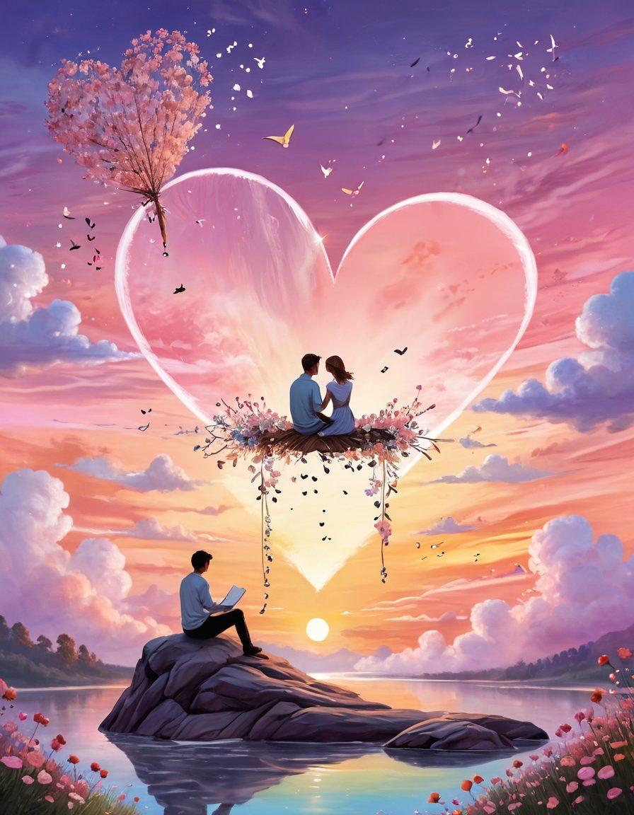 A whimsical scene depicting a couple sitting on a giant quill, writing their love story together. Blossoming flowers and heart-shaped clouds surround them, symbolizing affection and devotion. A gentle pastel sunset casts a warm glow over the scene, enhancing the heartfelt expression. Include playful elements like floating love letters and sparkling stars. dreamy illustration. vibrant colors. soft focus.