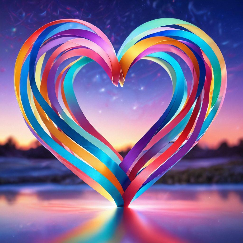A beautiful, abstract heart made of intertwined colorful ribbons representing different identities, surrounded by soft glowing lights. Each ribbon reflects unique patterns and symbols of love and self-expression. In the background, a serene, dreamy landscape with pastel hues to evoke warmth and intimacy. super-realistic. vibrant colors. soft-focus.